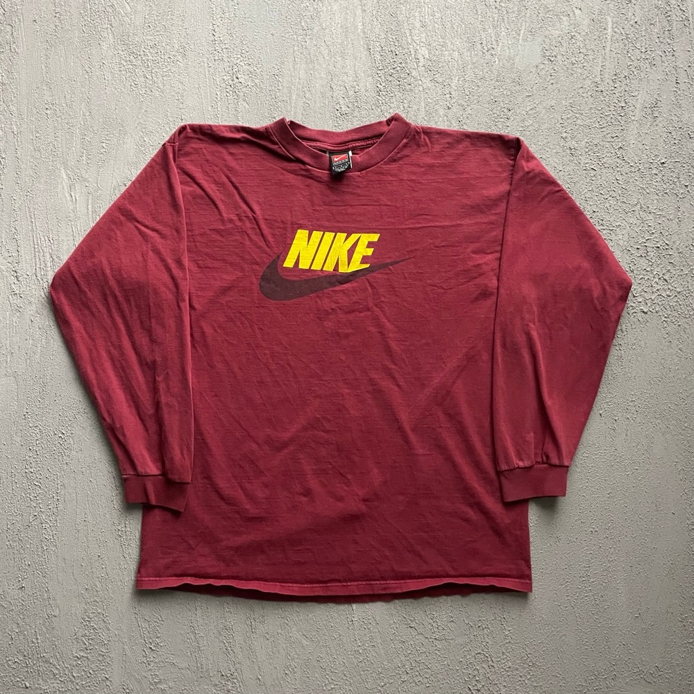 Vintage Nike Graphic Swoosh Long Sleeve T-Shirt Men Large Maroon 90s